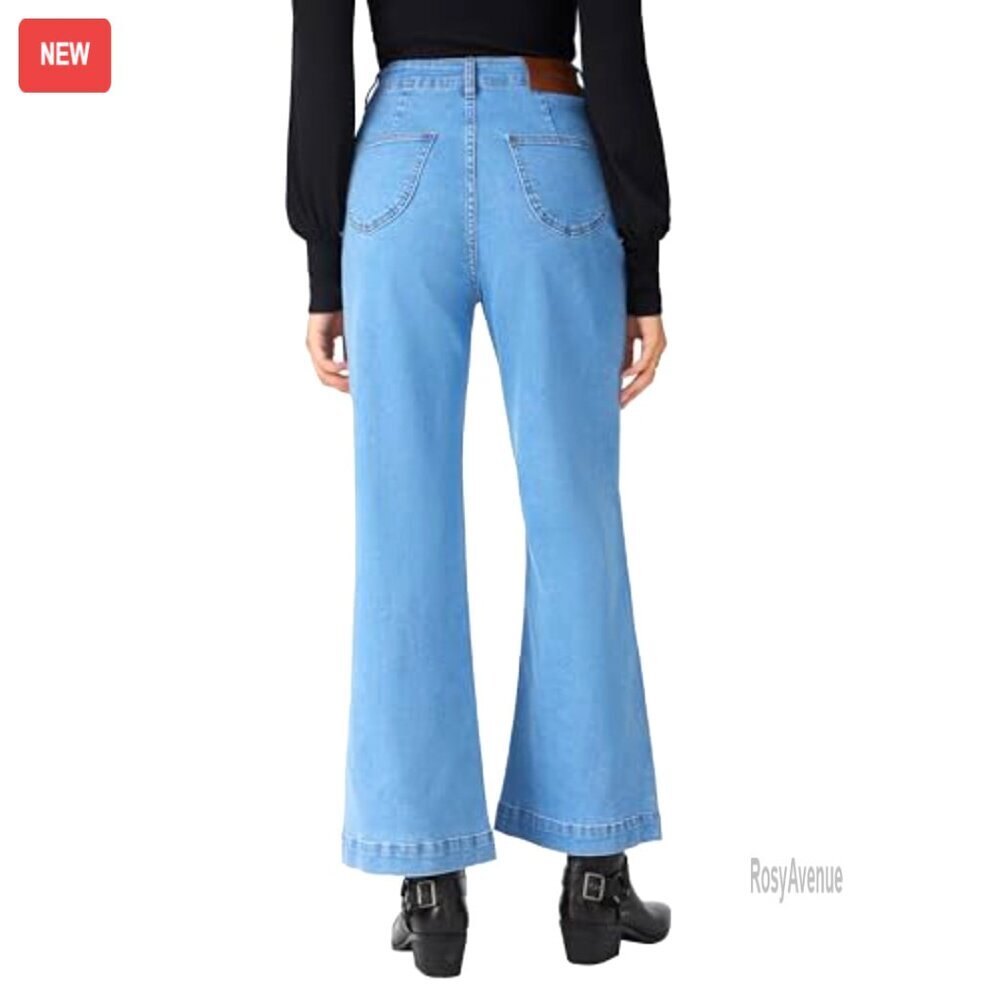 High Waisted Wide Leg Cropped Jeans Stretchy Denim Flared Pants with Pockets - Picture 5 of 6